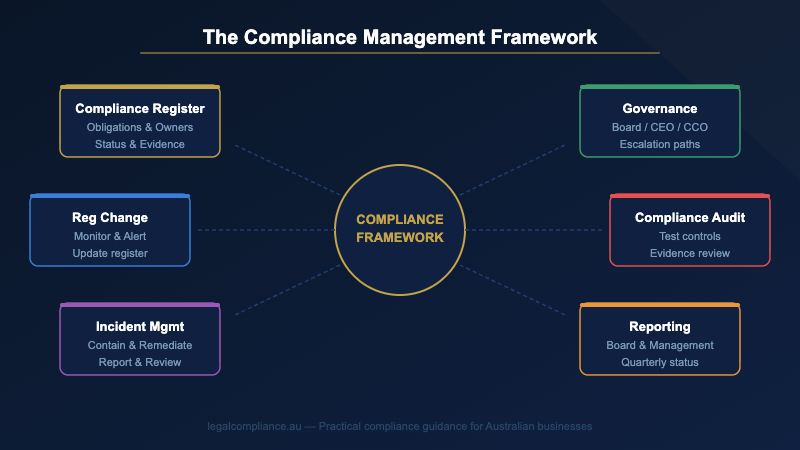 Compliance management framework for Australian businesses — register, ownership, monitoring, audit