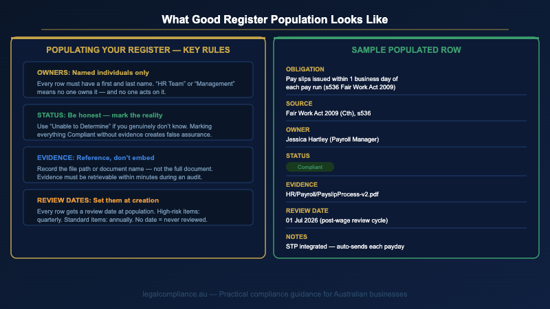 Populating a compliance register — key principles for owners, evidence, and review scheduling